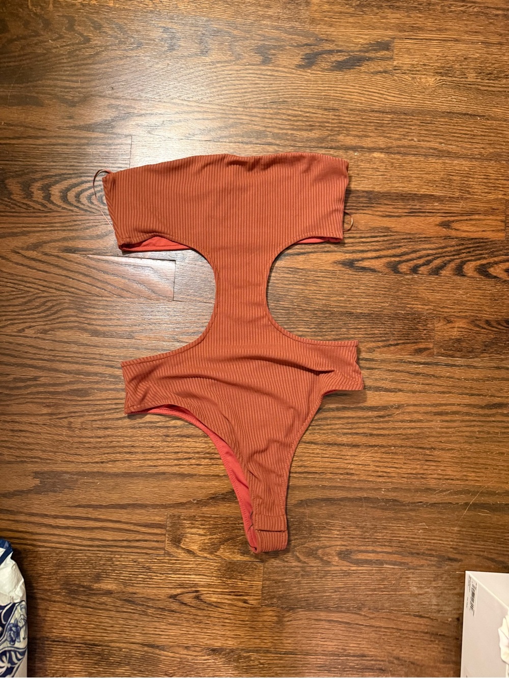 superdown Ribbed Cutout Bodysuit in Rust